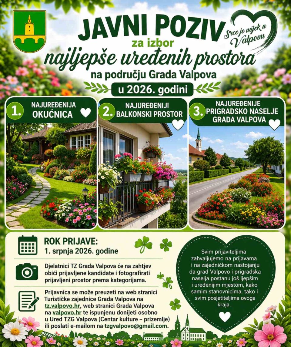 Javni poziv za izbor najljepše uređenih prostora na području Grada Valpova u 2026. godini